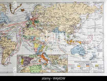 1900 Meyer Weltkarte mit internationalen Routen Von Dampfgarer Stockfoto