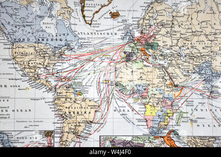 1900 Meyer World Map Atlantic Ocean Dampfer Routen Nord- und Südamerika nach Europa & Afrika Stockfoto
