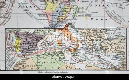 1900 Meyer Weltkarte Mittelmeer Navigation Dampfer Routen Stockfoto