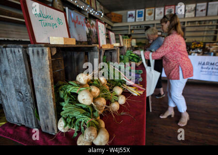 UNITED STATES - 23. Juni 2019: Der Bauernmarkt jeden Sonntag von 10 bis 2 gehalten an der E.E. Lake General Store & Bluemont Museum im Dorf von Bl Stockfoto