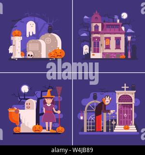 Flache Halloween Nacht Banner mit unheimlichen Szenen Stock Vektor