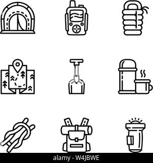 Camping Ausrüstung Icon Set. Umrisse Set von 9 Camping Ausrüstung Vector Icons für Web Design auf weißem Hintergrund Stock Vektor