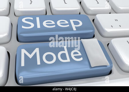 3D-Abbildung der Tastatur mit dem Skript Ruhemodus auf zwei Tasten und einem Kissen auf eine dieser Tasten. Stockfoto