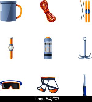 Wanderausrüstung Icon Set. Cartoon Set von 9 Wanderausrüstung Vector Icons für Web Design auf weißem Hintergrund Stock Vektor