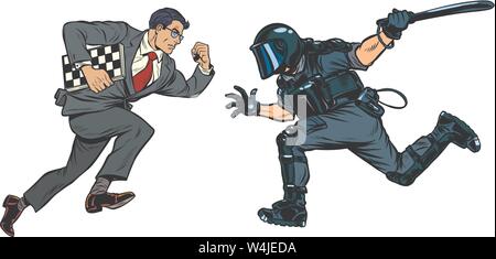 Intelligenz im Vergleich zu Stärke. Schachspieler und Polizisten mit einem Schlagstock. Pop Art retro Vektor illustration Zeichnung Stock Vektor