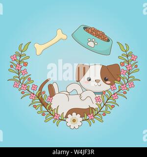 Süße kleine Hund Maskottchen mit Teller und Knochen Vector Illustration Design Stock Vektor