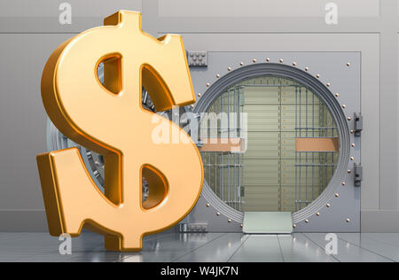 Dollarzeichen mit geöffneten Bank Vault, 3D-Rendering auf weißem Hintergrund Stockfoto