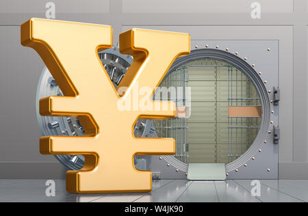 Yen yuan Symbol oder Zeichen mit geöffneten Bank Vault, 3D-Rendering auf weißem Hintergrund Stockfoto