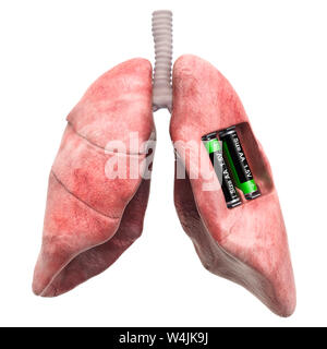 Menschliche lungen mit Batterien. Verwertung und Behandlung Konzept. 3D-Rendering auf weißem Hintergrund Stockfoto