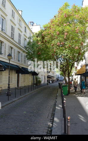 Die Passagen des Petite Ecuries, in einer ruhigen Seitenstraße der Rue de Faubourg St. Denis, Paris, Frankreich mit Kopfsteinpflaster, Cafés und eine Esche. Stockfoto