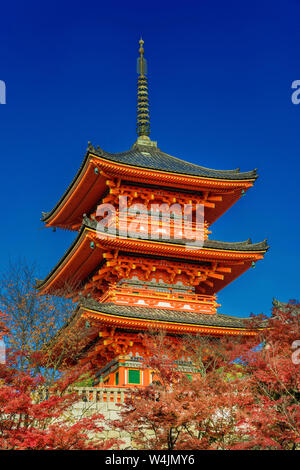 Die berühmten Kiyomizu Tempel Pagode steigen über Blätter im Herbst Stockfoto