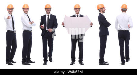 Panorama Foto Collage von qualifizierten Architekten isoliert auf weißem Stockfoto