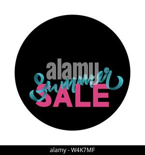 Vector Illustration - Summer Sale. Schriftzug. Blau und Rosa Buchstaben, die im schwarzen Kreis. Platz für Text. Gezeichnet Kunst anmelden. Für Banner, Logo, Flyer, Broschüre Stock Vektor