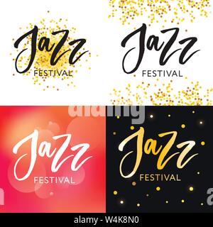 Handgezeichneten Schriftzug Zitate über Jazz Festival Sammlungen auf weißem Hintergrund. Spaß Pinsel Tinte vektor Kalligrafie Illustrationen für b Stock Vektor