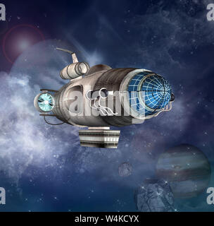 Raumschiff in der blauen Galaxie fliegen Stockfoto