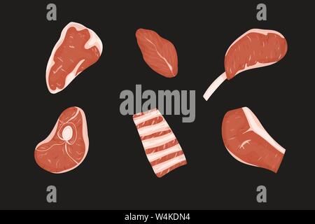 Satz von rohes Fleisch schneidet. Vector Illustration. Schwarzen Hintergrund. Stock Vektor