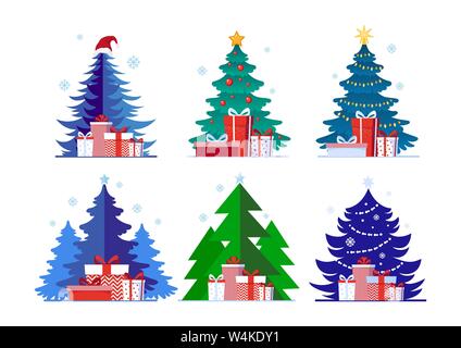 Sammlung verschiedener Weihnachtsbäume mit Geschenkboxen. Winter dekorative Set im Cartoon Stil auf weißen Hintergrund für Postkarte, Banner, isoliert, Grüße. Vektor Illustration. Stock Vektor