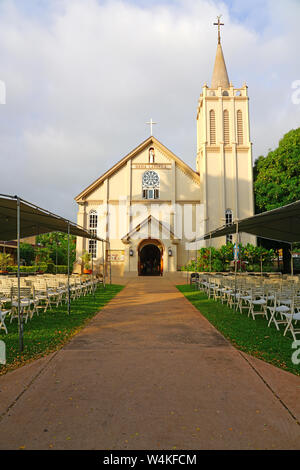 LAHAINA, HI-31 Mar 2018 - Blick auf das Wahrzeichen der historischen Maria Lanakila katholische Kirche in Lahaina, ein ehemaliger Missionar Stadt und Hauptstadt von Hawaii befo Stockfoto