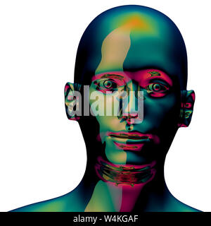 Roboter Iron Man Kopf goldgelb glänzende metallische Avatar. Futuristische Augen starren Blick Charakter cyborg Gesicht Nahaufnahme Porträt poliert. 3D-Rendering Stockfoto