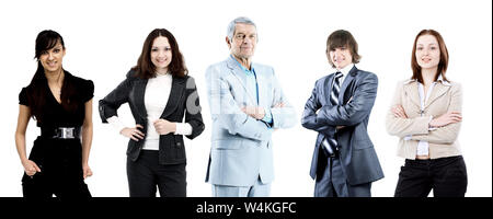 Ein Team von Unternehmern geführt von einem erfahrenen Führer. Auf weissem Hintergrund. Stockfoto