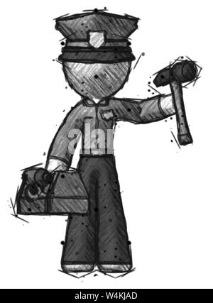 Skizze Polizei Mann, Werkzeuge und toolchest bereit zu arbeiten. Stockfoto