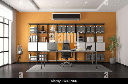 Grau und Orange modernes Büro mit minimalistischer Schreibtisch und einem großen Bücherregal auf Hintergrund - 3D-Rendering Stockfoto