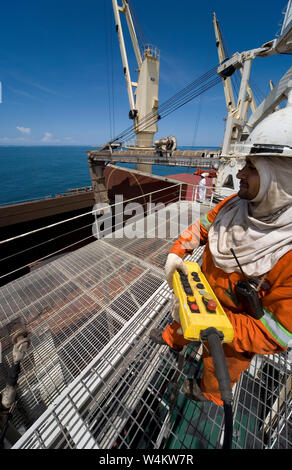Bergbau, Verwaltung und Transport von Titanmineralsanden. Umschlagbarge neben OGV auf See mit Lagerungsschein für Mineralprodukte unten Stockfoto