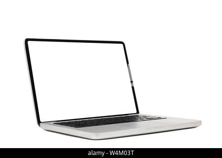 Laptop mock up mit Leeren leeren weißen Bildschirm auf weißem Hintergrund mit Freistellungspfad isoliert, Seitenansicht. moderne Computertechnik Konzept Stockfoto