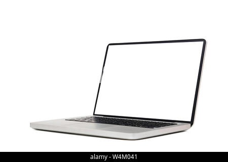 Laptop mock up mit Leeren leeren weißen Bildschirm auf weißem Hintergrund mit Freistellungspfad isoliert, Seitenansicht. moderne Computertechnik Konzept Stockfoto