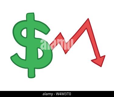 Vektor handgezeichnete Abbildung: Dollar Symbol mit dem Pfeil nach unten bewegt. Farbige Konturen und Farben. Stock Vektor
