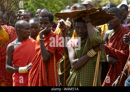Afrikanische eingeborene Iraqw Männer während einer kulturellen Veranstaltung. Stockfoto