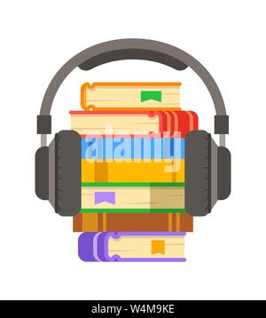Hörbuch Konzept. Online Bibliothek Archiv Vektor flachbild Abbildung. Stapel von Büchern mit Kopfhörern. Elektronisches Buch Metapher. Stock Vektor