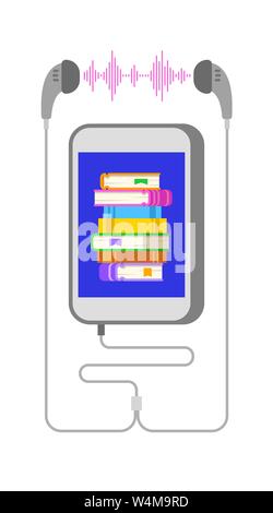 Hörbuch Konzept. Smartphone die Anwendung für das Lesen von E-Buch. Stapel von Büchern über Mobiltelefon und Kopfhörer. Online Library vector Flachbild illustr Stock Vektor