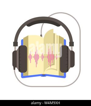 Hörbuch Konzept. Online Library vector Flachbild Abbildung. Offenes Buch und Kopfhörer angeschlossen. Elektronisches Buch Metapher. Stock Vektor