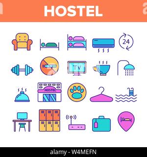 Color Hostel, Tourist Unterkunft Vektor Linear Icons Set Stock Vektor