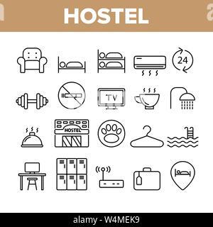 Hostel, Touristen Unterkunft Vector Linear Symbole gesetzt Stock Vektor