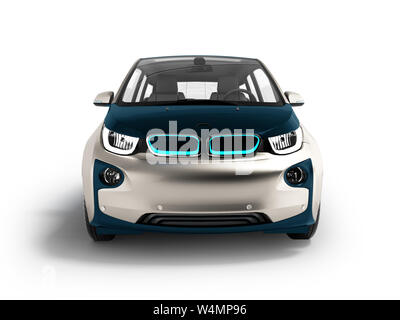 Moderne elektrische Auto Dunkelblau Grau vorne 3D-Rendering auf weißem Hintergrund mit Schatten Stockfoto