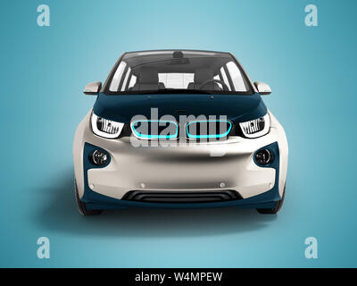 Moderne elektrische Auto Dunkelblau Grau vorne 3D-Rendering auf blauem Hintergrund mit Schatten Stockfoto