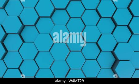Blaues Sechseck Geometrie Hintergrund. 3D-Darstellung der einfachen Primitiven mit sechs Winkeln vor. Stockfoto