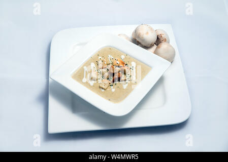 Held Schuß eines Pilzsuppe mit Brotkrumen, Oregano auf einer minimalen weißen Hintergrund mit einem Winkel von 45° Stockfoto