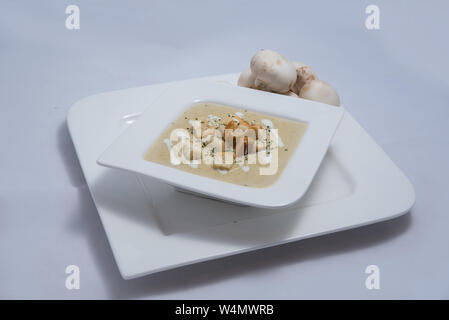 Held Schuß eines Pilzsuppe mit Brotkrumen, Oregano auf einer minimalen weißen Hintergrund mit einem Winkel von 45° Stockfoto