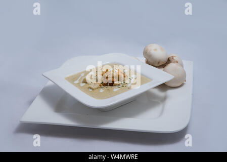 Held Schuß eines Pilzsuppe mit Brotkrumen, Oregano auf einer minimalen weißen Hintergrund mit einem Winkel von 45° Stockfoto