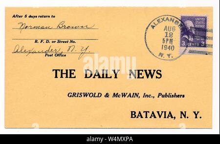 Ein Briefumschlag mit einem 3-Cent-marke von Norman Brown in New York, und an "Die täglichen Nachrichten, Griswold und McWain, Inc, Verlage, Batavia, New York", 12. August 1940 angesprochen. () Stockfoto