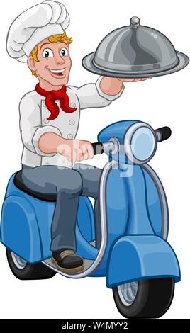 Lieferung Küchenchef Roller Moped Cartoon Takeout Mann Stock Vektor