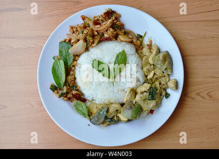 Würziges gehacktes Schweinefleisch Salat und Hühnchen in grünem Curry für Reis Stockfoto