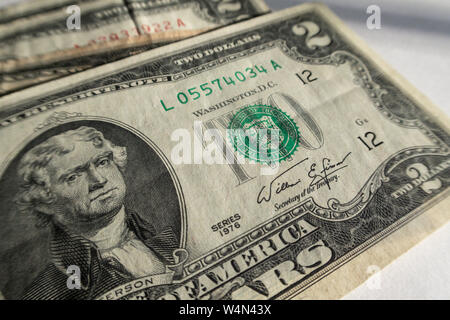 Nahaufnahme von uns zwei Dollar Bill, USA Stockfoto
