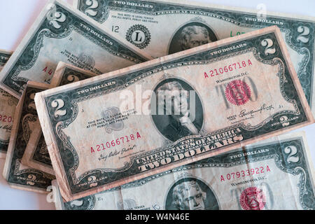 Nahaufnahme von uns zwei Dollar Bill, USA Stockfoto