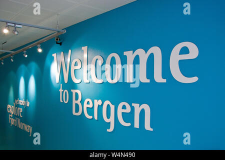 Ein Herzlich Willkommen in Bergen Zeichen in Bergen, Norwegen. Stockfoto