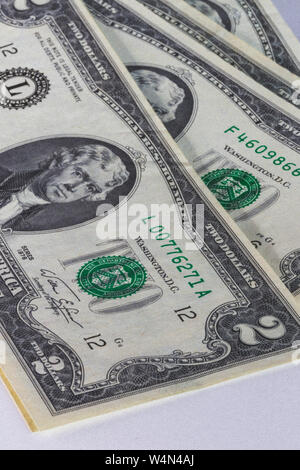 Nahaufnahme von uns zwei Dollar Bill, USA Stockfoto