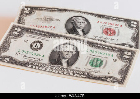 Nahaufnahme von uns zwei Dollar Bill, USA Stockfoto